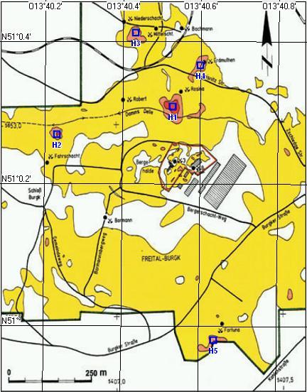 Karte auf Seite 243 der Bergbaumonographie /1/ (S59 pdf Teil2) mit Gauß-Krüger Koordinaten, einkalibriert ins WGS84 GPS Gitter.