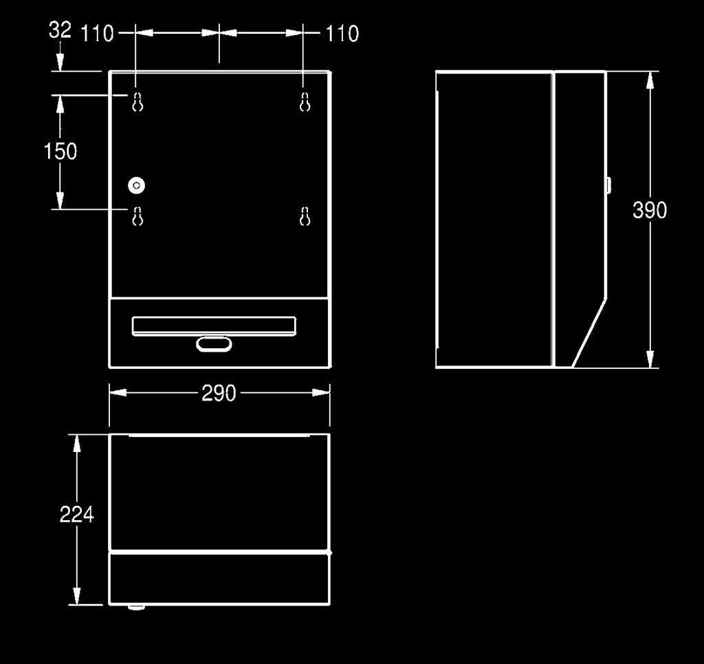 Aufputzmontage, Chromnickelstahl, Oberfläche seidenmatt, Materialstärke 0,8 mm, gekantete Front, Fassungsvermögen ca.