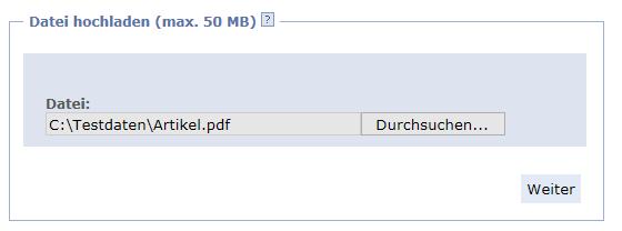 Sollte Ihre Publikation größer sein als 500 MB, wenden Sie sich bitte per E-Mail an np-info@dnb.de. Abb. 19: Datei per URL abliefern Nach Eingabe der URL klicken Sie auf "Weiter".
