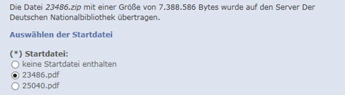 Mit einem Klick auf den Button "Weiter" bestätigen Sie die Übertragung dieser Datei auf den Server der Deutschen Nationalbibliothek. Abb.
