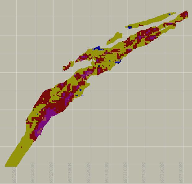Surface _ 100m Bildschirmfoto des Längsabschnitts der Kylylahti Mine. Zeigt Verteilung der Kupfergrade im Ressourcenblockmodell.