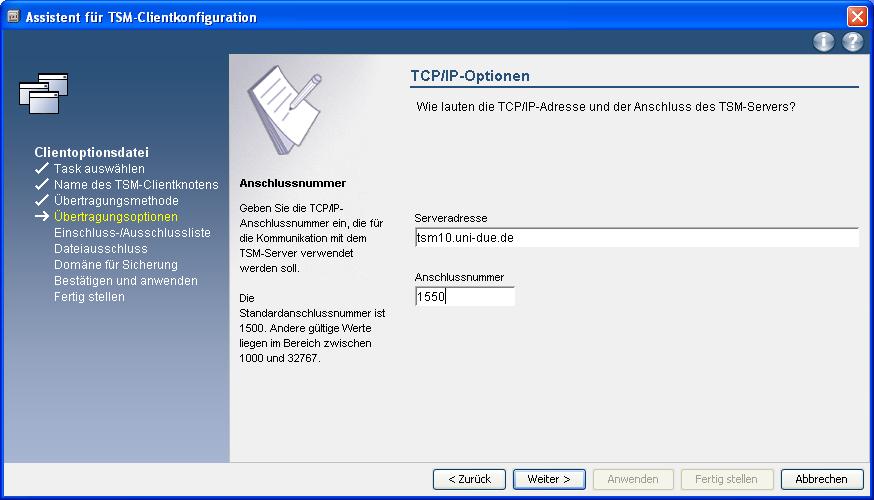Im Fenster 'TSM-Client/Server-Übertragung' wählen Sie 'TCP/IP'.