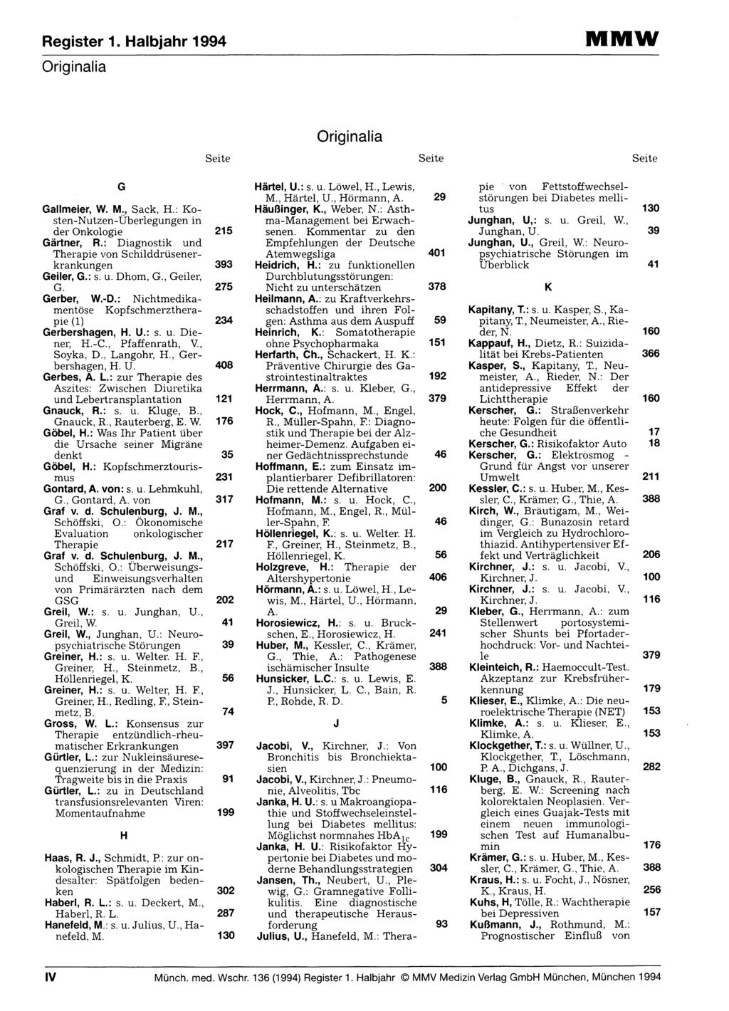 Register 1. Halbjahr 1994 IVIMW Originalia Originalia Gallmeier, W. M., Sack, H.: Kosten-Nutzen-Überlegungen in der Onkologie 215 Gärtner, R.