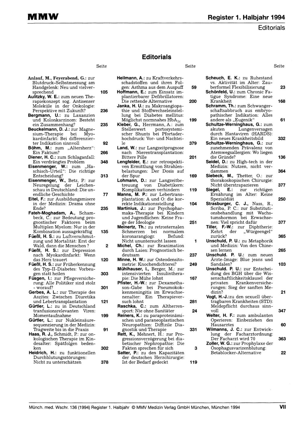 MMW Register 1. Halbjahr 1994 Editoriais Editoriais Anlauf, M., Feyerabend, G.: zur Blutdruck-Selbstmessung am Handgelenk: Neu und vielversprechend 105 Aulitzky, W. E.: zum neuen Therapiekonzept sog.