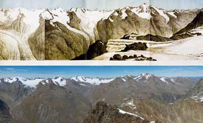 Kesselwandferner Vernagtferner er Guslarferner Wildspitze Rotenkarferner Gletscherbericht Berichte Das Panorama der Ötztaler Alpen von der Kreuzspitze wurde 1869 von Jordan und Engelhardt gemalt und