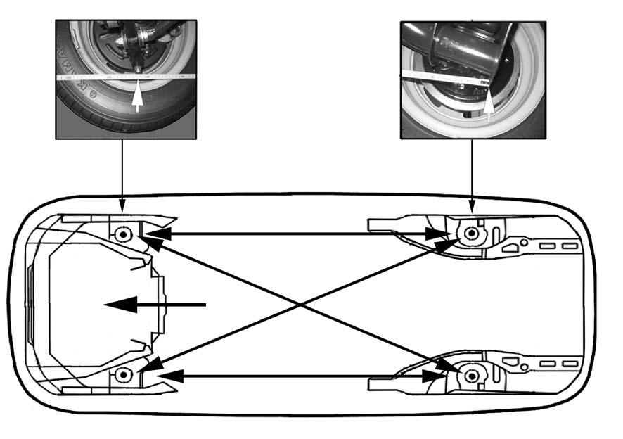 Abb. 8-117 Meßschema für Achsen- und Diagonalabstände an Karosserieunterboden.