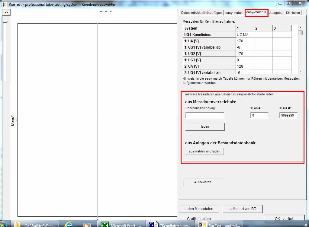 i) easy-match II Rechts oben sieht man die zugrunde liegenden Messdaten für die Röhren.