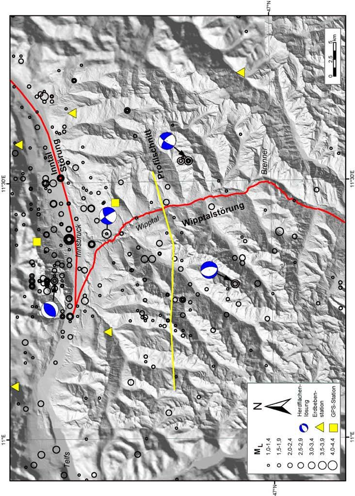 Abb. 2: Digitales Geländemodell und Erdbeben-Epizentren im Raum Innsbruck und Wipptal, skaliert nach Magnitude (M L 1). Quelle: ZAMG, 2003, DUMA et al., 2000. Für Erläuterungen siehe Text.