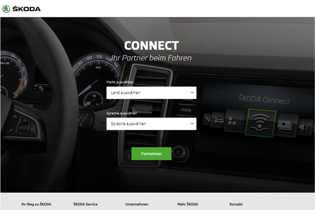 Connect Portal Die Nutzung der Online-Dienste ŠKODA Connect bedarf einer vorangehenden Anwender- und Fahrzeugregistrierung auf der Internetseite Connect Portal sowie