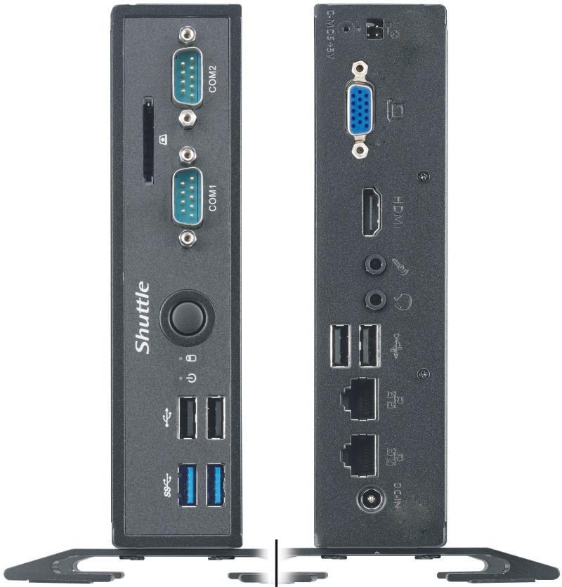 Shuttle XPC slim Barebone DS68U Produktansichten A COM2: RS-232 B SD Cardreader C COM1: RS-232/422/485 D Ein-/Ausschalt-Button E Festplatten-LED F Betriebsanzeige-LED G 2x USB 2.