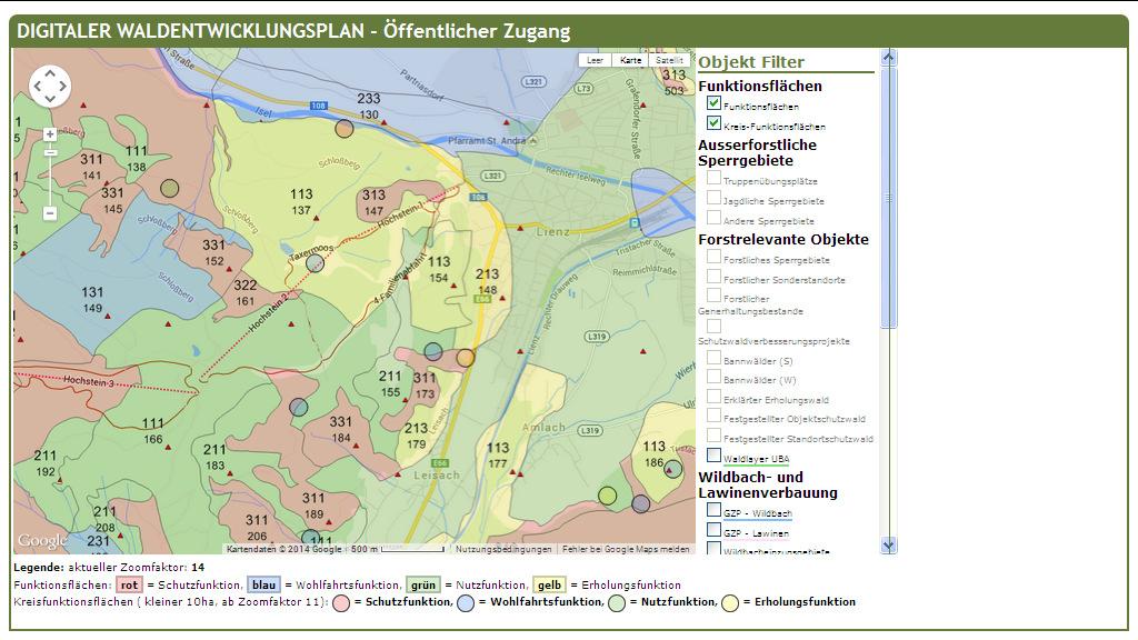 Abbildung 3 Darstellung der Waldfunktionsflächen mit der WEP-Wertziffer und der laufenden Nummer (Ausschnitt aus dem Teilplan Lienz/Osttirol, Lienzer Schlossberg) Abb.