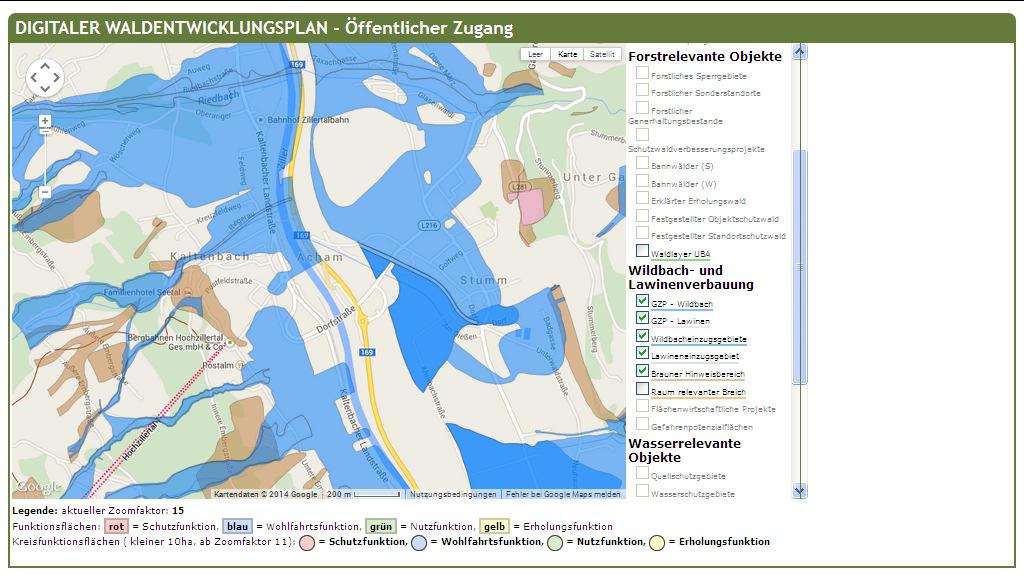 Abbildung 4 Darstellung der Daten der Wildbach- und Lawinenverbauung Abb. 4 zeigt einen Kartenausschnitt des Zillertales, Tirol.