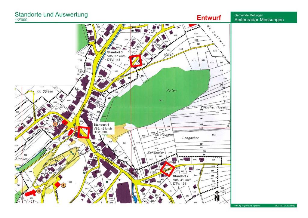 Einwohnergemeinde Meltingen; Tempo-30 Wohnquartiere; Gutachten 8 Als punktuelle Konfliktpunkte sind drei Kreuzungen bezeichnet (Plan Massnahmennotwendigkeit), an denen die Verkehrsflächen
