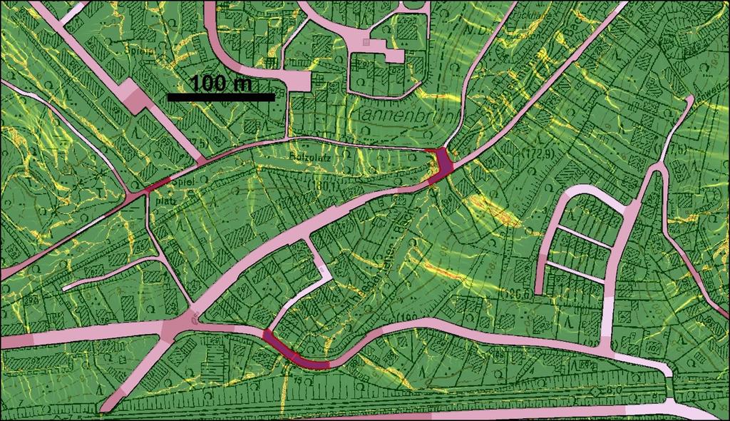 Abbildung 3: Straßenbelastungskarte auf Basis der Fließweganalysen Weiterhin können Fließweg- und Senkendaten Grundlage für stadtgebietsweite Gefahrenanalysen sein.