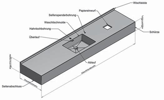 Waschtische aus StoneTec werden in einem Stück gegossen und nach Kundenwunsch individuell gefertigt (auf Wunsch auch mit Schrägschnitten, Ausklinkungen, Bohrungen, etc.).