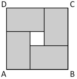 4 Punkte Beispiele 11. Innerhalb des Quadrats ABCD liegen vier identische Rechtecke (siehe Bild). Der Umfang jedes Rechtecks beträgt 16 cm. Welchen Umfang hat dieses Quadrat?