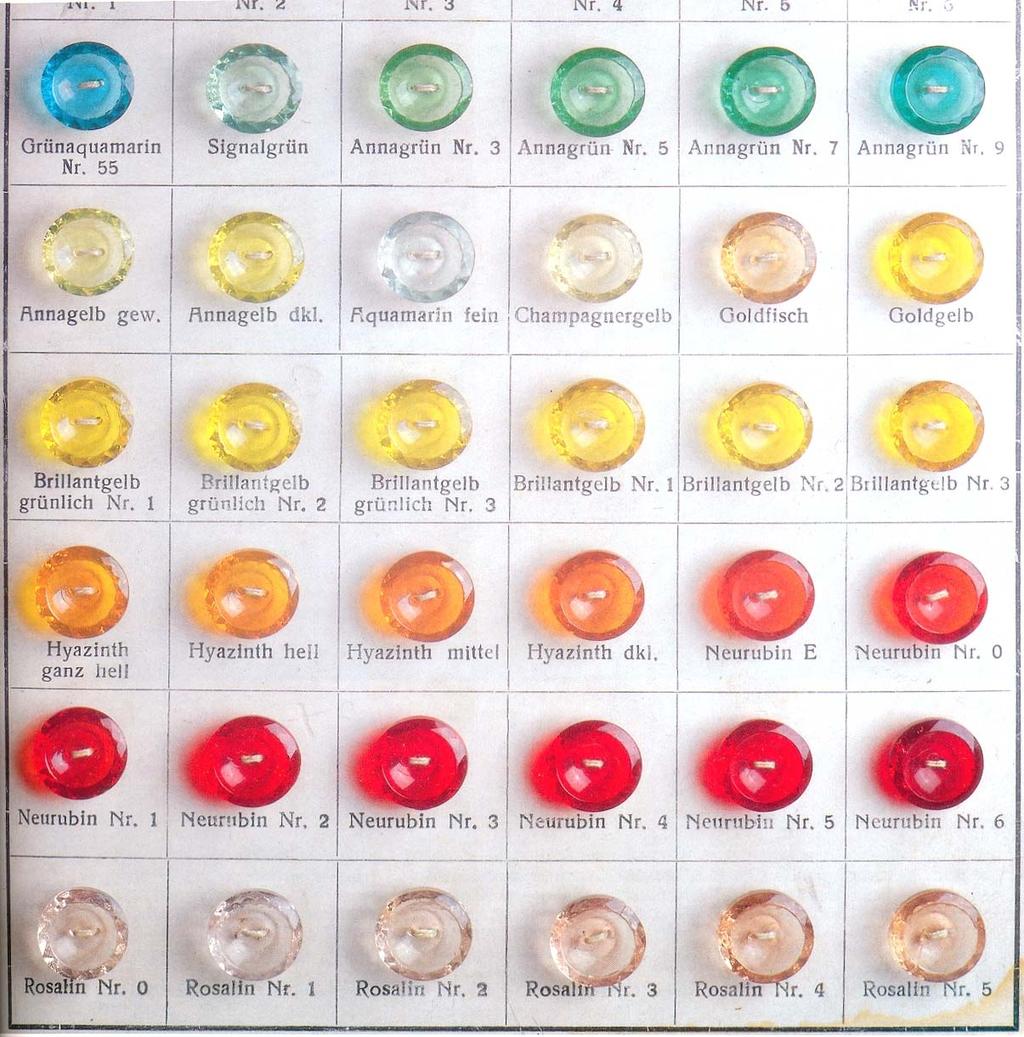 Abb. 2014-3/30-02 Karte mit Knöpfen in verschiedenen Glasfarben ob diese Knöpfe fertig gepresst wurden oder in Heimarbeit geschliffen wurden, ist