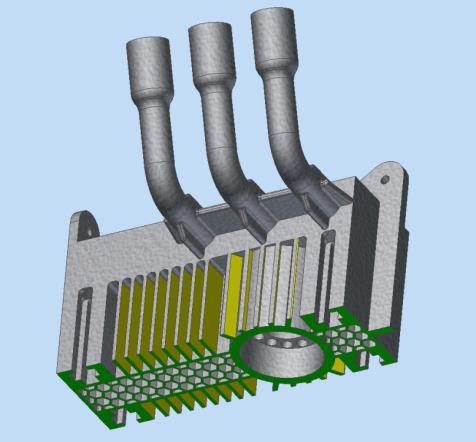 SLM-gerechte Konstruktion integrierte Dreipunktaufhängung integrierte Gaszuführung mehrere Kammern zur Gasverteilung Strukturen zur Gasberuhigung symmetrische