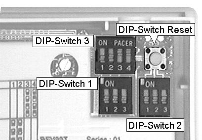 (LQVWHOOXQJHQ+HL]XQJVIDFKPDQQ DIP-Switch 1 für Einschaltoptimierung DIP-Switch 2 für Sollwertbegrenzung, DIP-Switch 3 für Art der PI-Regelung Volumen- und Heizleistungsadaption DIP-Switch-Reset zur