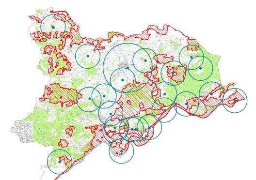 5 Biogasanlagen in Lüchow-Dannenberg, mit 3 km-radius um Standorte der Anlagen und Vogelschutzgebiete (rot schraffiert), Stand 21 Ergebnisse aus dem Vorhaben: Erprobung integrativer