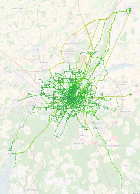 Vergleichstaxi (rechte Abbildung) sind die längeren Fahrten aus dem Stadtgebiet München seltener und kürzer.