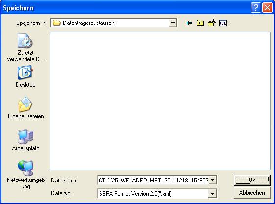 Nach der Auswahl der Version des SEPA-Formates öffnet sich der Datei-Dialog, in dem Sie den Speicherort und den Dateinamen vergeben können.