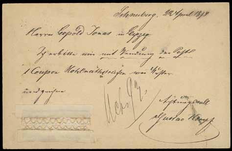 unzulässig und daher von der Beförderung ausgeschlossen (u.a. Generalverfügung 197 vom 5.9.1872), die vorliegende Karte wurde dennoch befördert, allerdings postseitig als Brief behandelt.