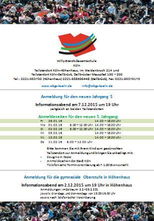 Teilstandort Dellbrück Hinweise zur Anmeldung 1/2 Anmeldezeitraum Gesamtschulen Fr. 03. bis Fr. 10.