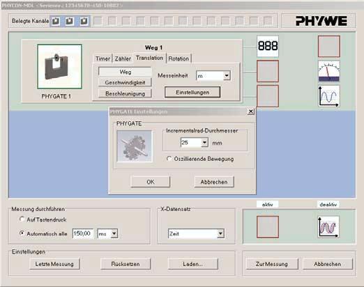 Die gleichmäßig beschleunigte Bewegung mit beschleunigender Masse mit PHYGATE Durchführung Die measure" Software starten und Messgerät" > PHYCON" auswählen. Nach Abb.