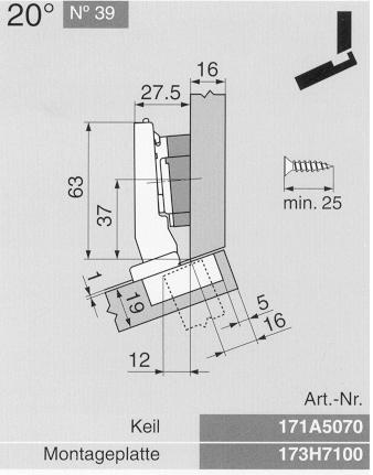4 Seite 5 im PDFKatalog WinkelTopfbänder Anschlagvarianten +20 20 Zeichung 39 Topfband Keil Montageplatte Inserta zum Anschrauben Zeichnung Nr. BestellNr.