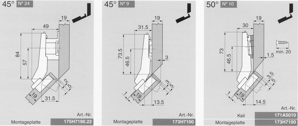 Seite 8 im PDFKatalog WinkelTopfbänder Anschlagvarianten +45,+50 7 45 Zeichung 24 45 Zeichung 9 50 Zeichung 0 Topfband Keil Montageplatte Inserta zum Anschrauben Zeichnung Nr. BestellNr.