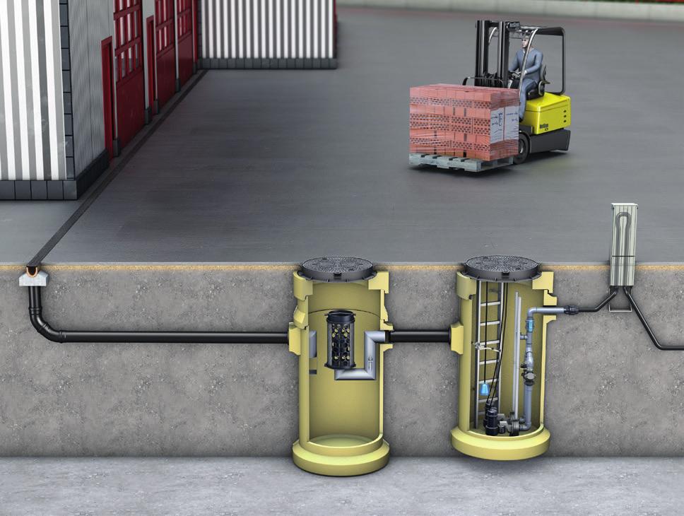 Entwässerung einer Logistikfläche über Entwässerungsrinne ACO DRAIN PowerDrain, Leichtflüssigkeitsabscheider Oleopator Pro und Pumpstation Powerlift Pro mit Probenahmemöglichkeit.