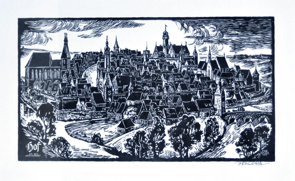 4. Max Escher (1901 Hof 1976 Marxgrün/Ofr.) Historische Stadtansicht von Hof Holzschnitt, um 1940/60, Darstellung ca.