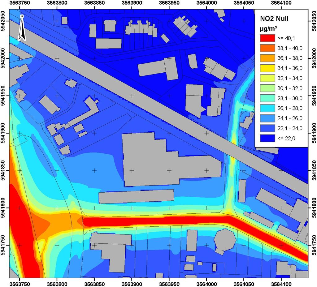 Abbildung 9: Räumliche Verteilung des Immissions-Jahreswertes der Gesamtbelastung von Stickstoffdioxid (NO 2 ) in µg/m³