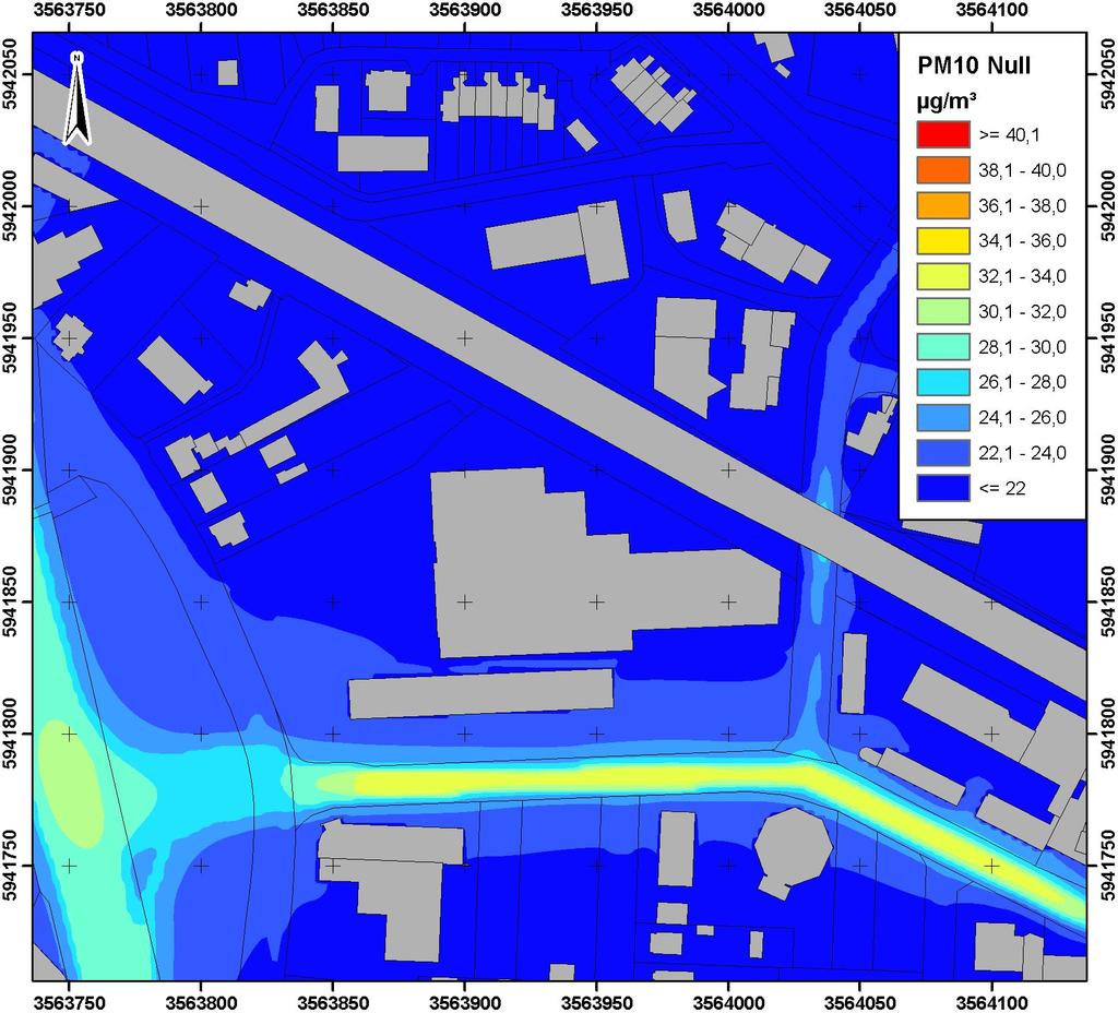 Abbildung 12: Räumliche Verteilung des Immissions-Jahreswertes der Gesamtbelastung von Partikeln (PM 10 ) in µg/m³ für