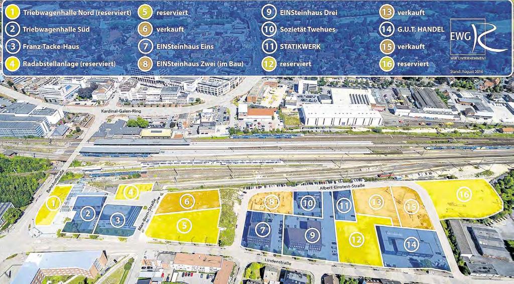 44 Ausehemaligen Bahnflächen im Zentrum wird hochwertiges Innovationsquartier Bautätigkeit nimmt jetzt Fahrt auf Das Innovationsquartier Bahnhof Rheine befindet sich in direkter Nachbarschaftzur