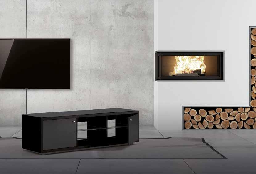 Schwarzglas. Beide TV-Möbel stehen auf einem schwarzen Sockel, wodurch ein schwebender Effekt entsteht.