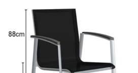 Bali Artikel Bezeichnung / description d article BALI Sessel mit Armlehne, silber Aluminium, silber pulverbeschichtet; Textilene: schwarz stapelbar, Gewicht 3.8 kg 169.