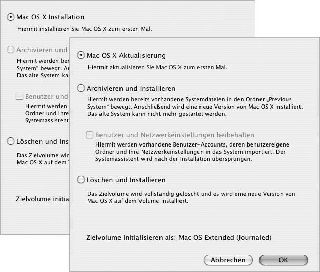 ausgewählt ist. Auswählen der Installationsmethode für Mac OS X Klicken Sie in die Taste Optionen und wählen Sie dann Archivieren und Installieren oder Löschen und Installieren.