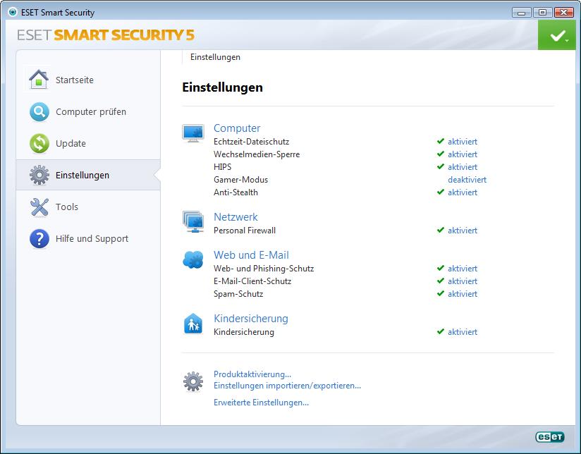4. Die Arbeit mit ESET Smart Security Über das ESET Smart Security-Menü Einstellungen können Sie die Schutzstufen für Computer und Netzwerk anpassen.