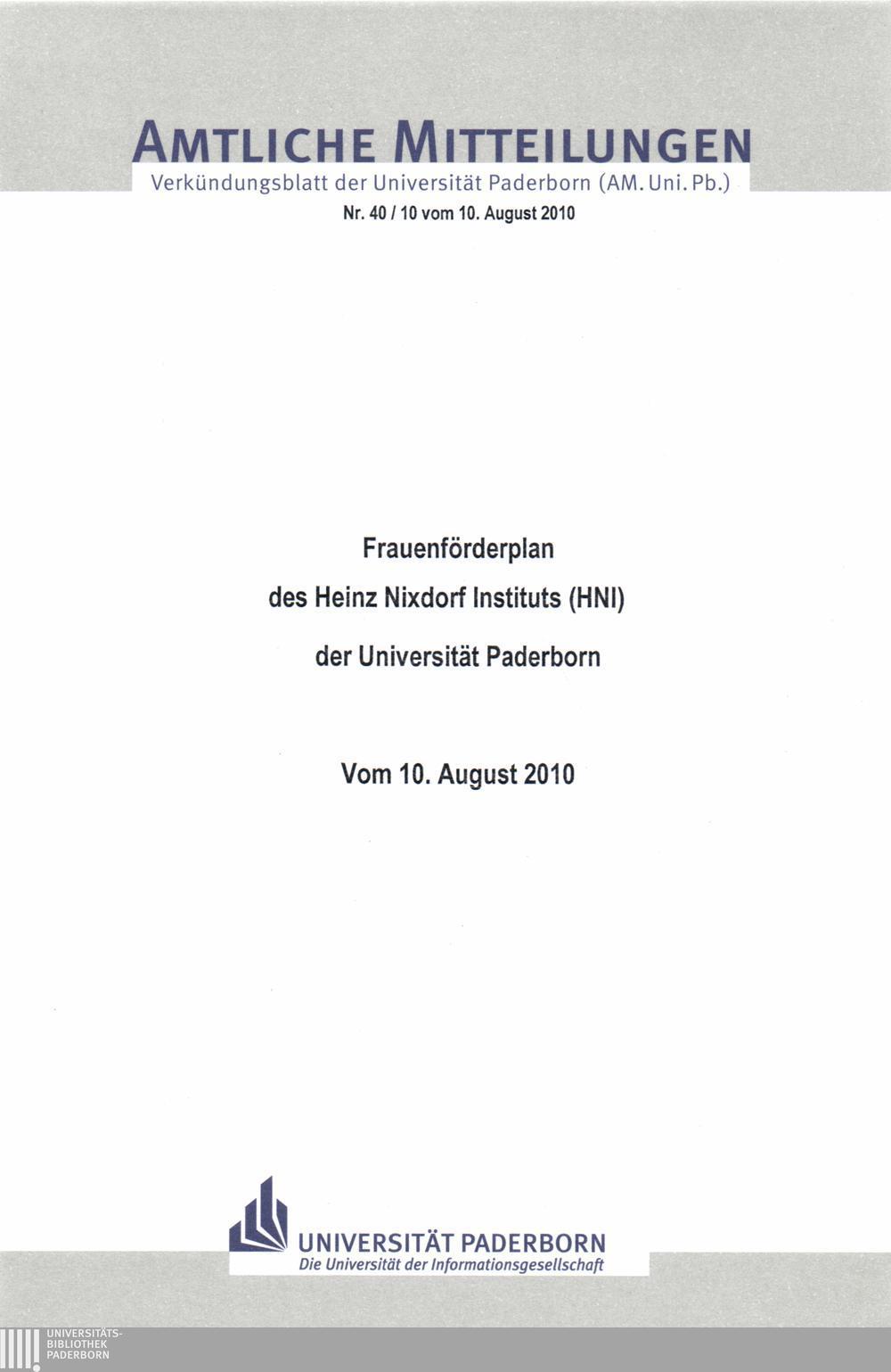 Amtliche Verkündungsblatt Mitteilungen der Universität Paderborn (AM. Uni. Pb.) Nr. 40 /10 vom 10.