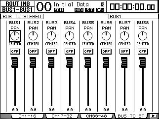Einstellen der Stereo- und Bus-Parameter über das Display 87 Routen der Busse 1 8 auf den Stereo-Bus Die Busse 1 8 können auf die Ausgänge der Slots 1 & 2 sowie auf den Stereo-Bus geroutet werden.