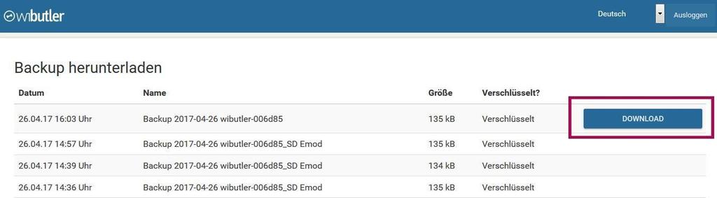 Schritt 4: Backup herunterladen Um ein bereits erstelltes Backup herunterzuladen und dieses an einem gewünschten Ort zu speichern, wähle im Maintenance Tool Backup herunterladen aus.