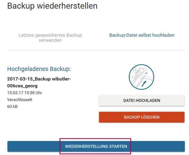 Schritt 6: Backup einspielen 2/3 Möglichkeit 1: Wähle Letztes gespeichertes Backup verwenden aus. Jetzt wird dir das Backup angeboten, welches als letztes auf der Zentrale erstellt wurde.