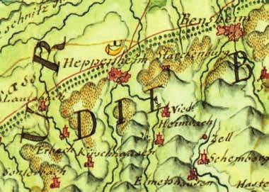36 Zwischen Weinheim und Lorsch sind etliche Wasserläufe, darunter die Weschnitz, in der für die hier abgebildete zweite Version der Karte typischen gezitterten Darstellung zu erkennen.