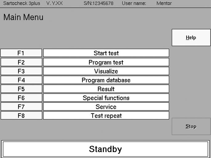 7.3.3 Programming the Test (F2 Main Menu) The test parameters of the individual tests on the Sartocheck 3 plus are entered or selected using the keypad.