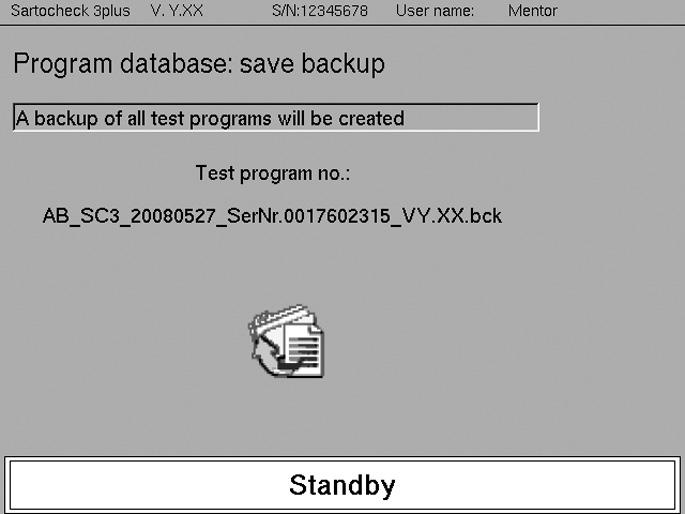 3 Saving a Backup of all Test Programs on SD Card (F3) With the backup function, all test programs in the internal memory will be written on a diskette (F3) and or the test programs in the internal