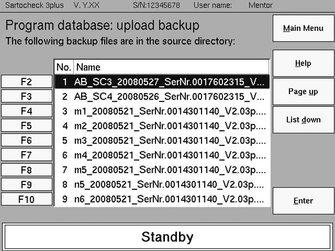 7.13.4 Reading in the Backup of all Test Programs from the SD Card (F4 - Program Database) When reloading backup files, insert the backup diskette in the SD