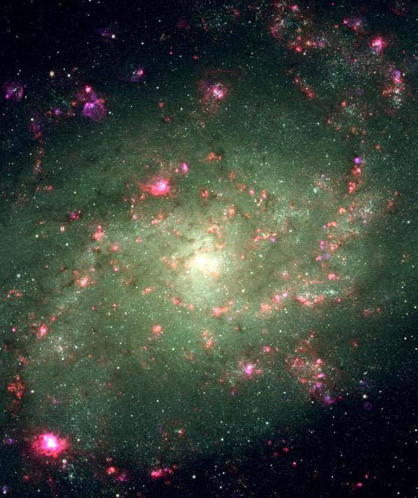 HII-Regionen M33, Hα Regionen ionisierten Wasserstoffs um Sterne mit hohem UV-Anteil Aufrechterhaltung durch die stellare UV-Strahlung, d.h. Photonen mit hν 13.6 ev Temperatur: T ~ 8000.