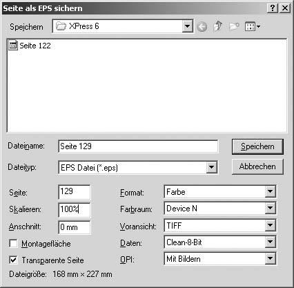 Abbildung 16 u XPress 6 kann auch im Format von XPress 5 speichern, nicht aber als Version 4. o Abbildung 15 Bei einer als EPS gespeicherten Seite kann das Papierweiß transparent sein.